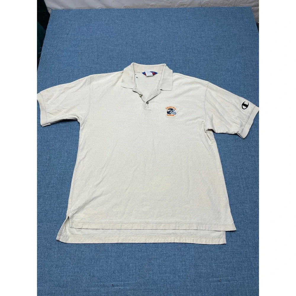 VTG Champion Denver Broncos Polo Shirt Mens Large Cream Textured NFL Football